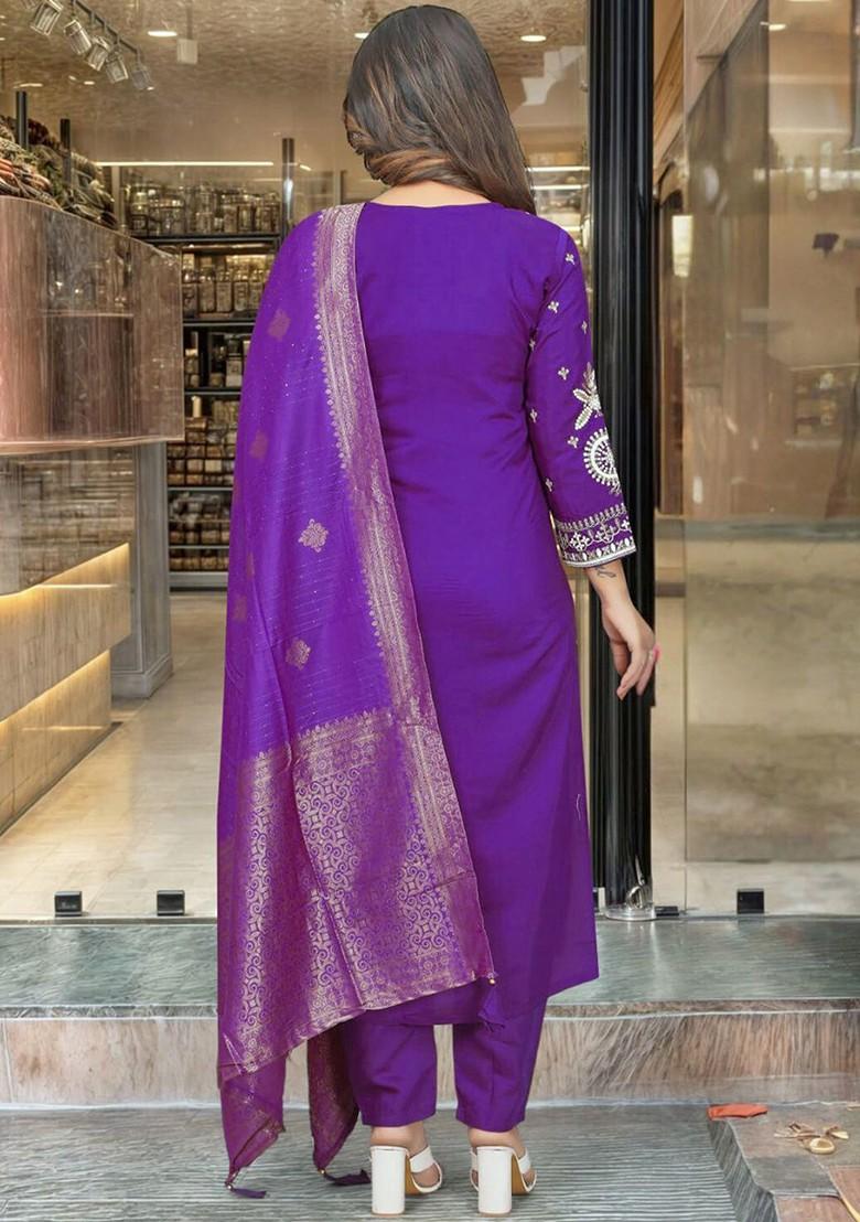Purple Embroidered Chanderi Kurta Set
