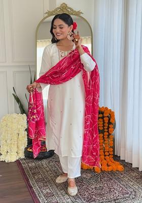 White Embroidered Poly Blend Kurta Set