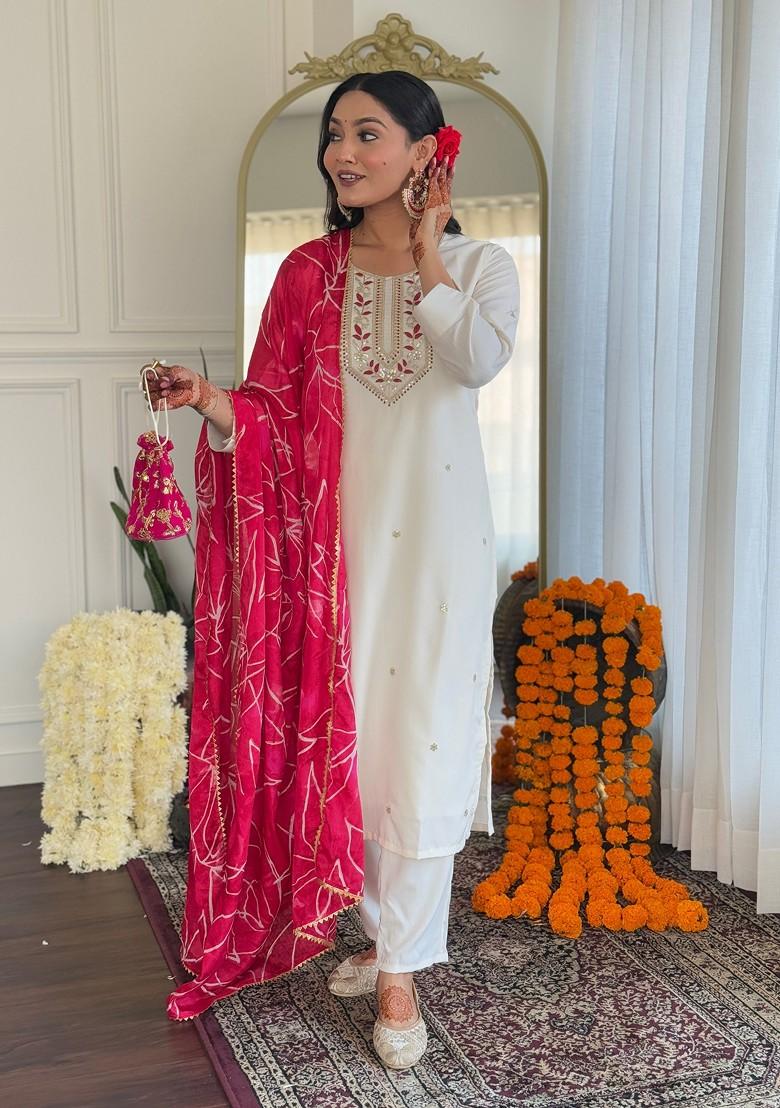 White Embroidered Poly Blend Kurta Set