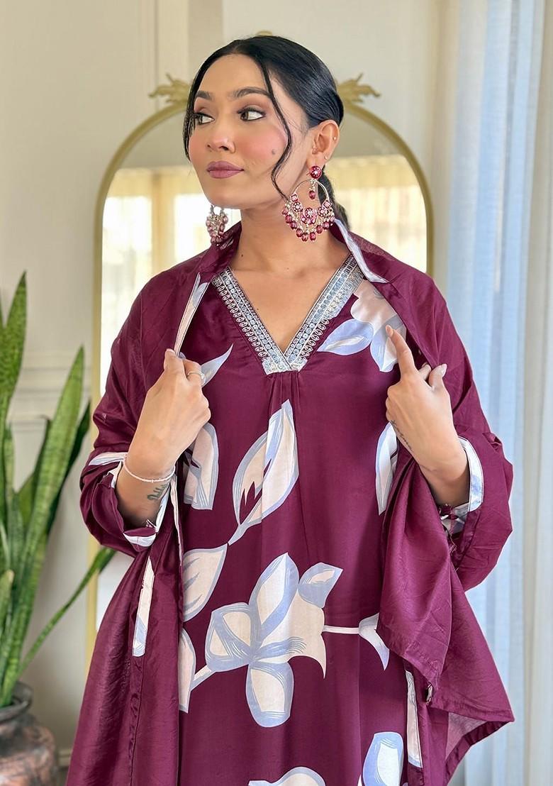 Burgundy Floral Print Silk Kurta Set