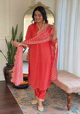 Orange Embroidered Poly Blend Kurta Set