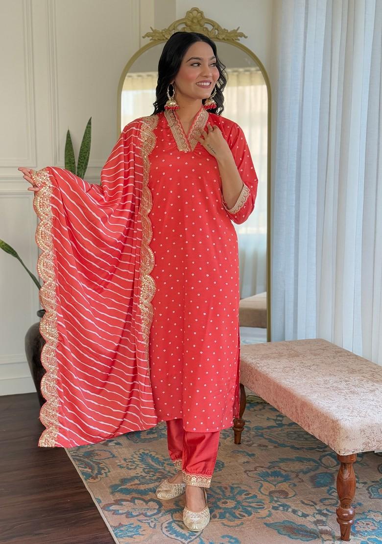 Orange Embroidered Poly Blend Kurta Set