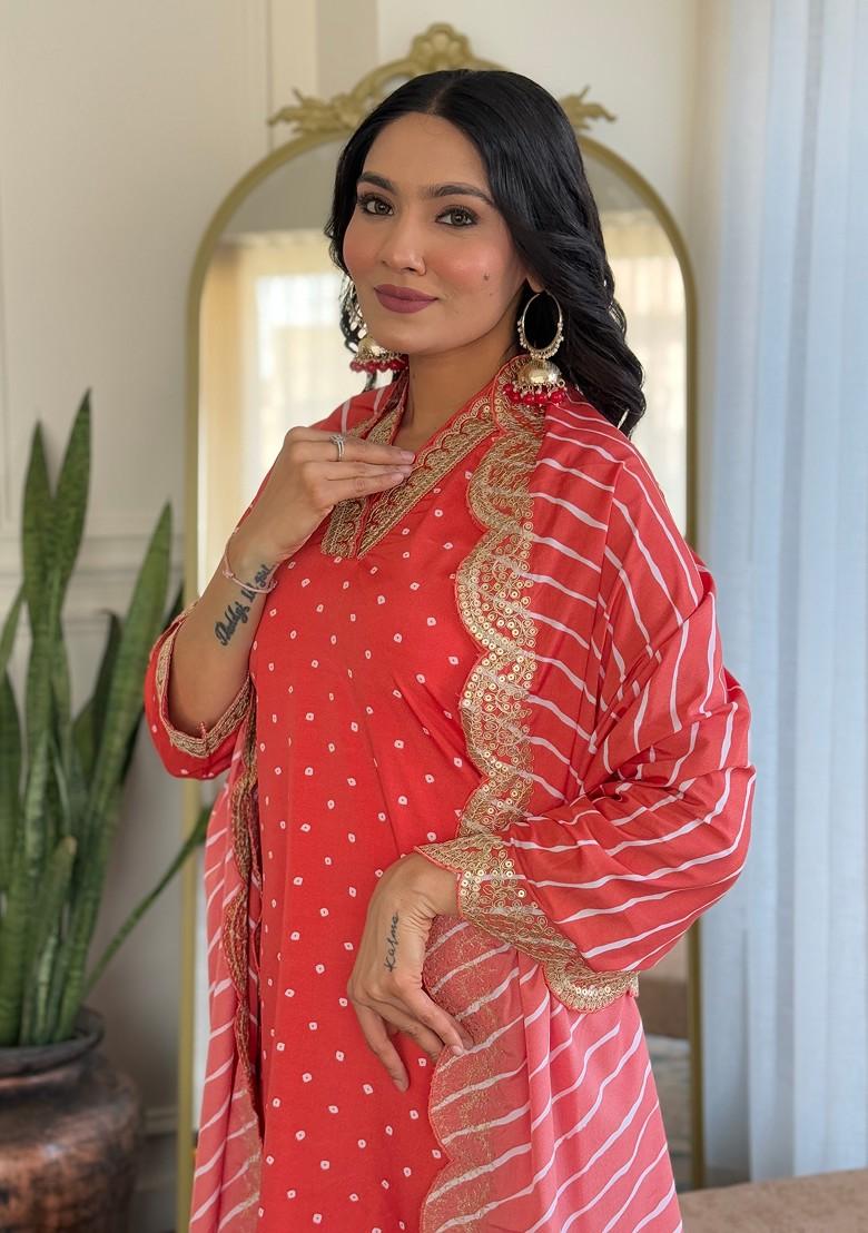 Orange Embroidered Poly Blend Kurta Set