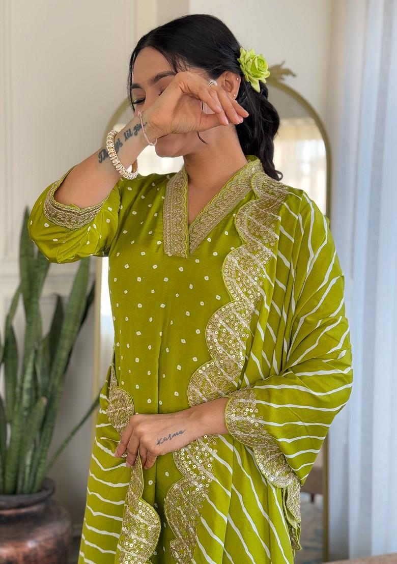Lime Green Embroidered Poly Blend Kurta Set