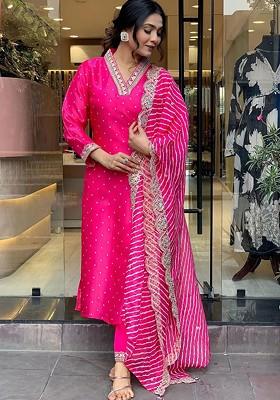 Pink Embroidered Poly Blend Kurta Set