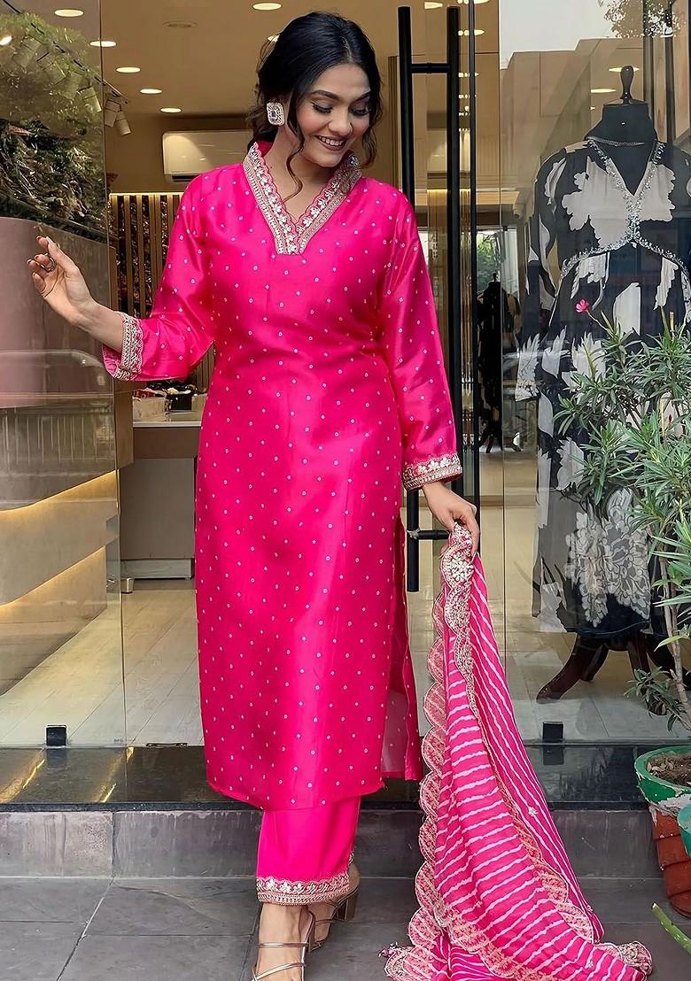 Pink Embroidered Poly Blend Kurta Set