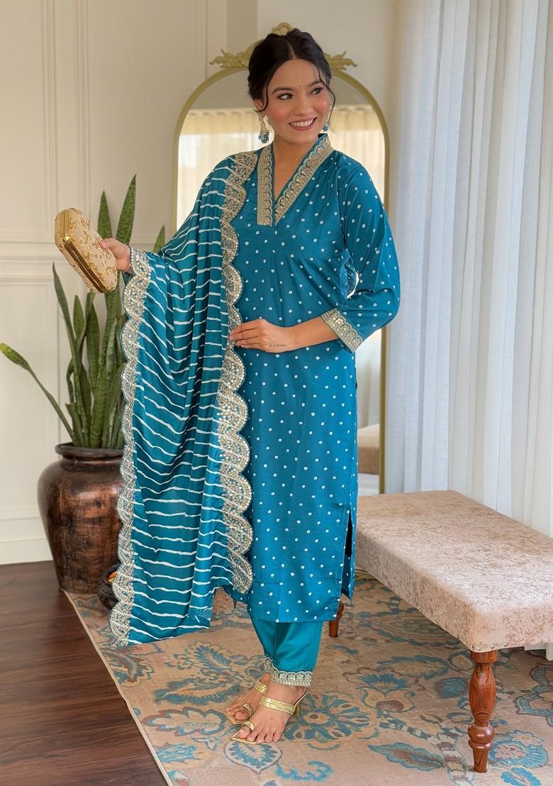 Turquoise Blue Embroidered Poly Blend Kurta Set