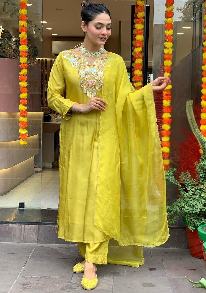 Yellow Embroidered Chanderi Kurta Set