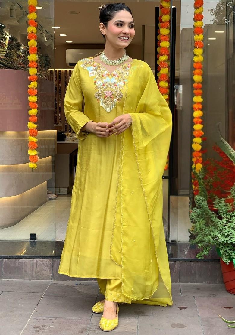 Yellow Embroidered Chanderi Kurta Set