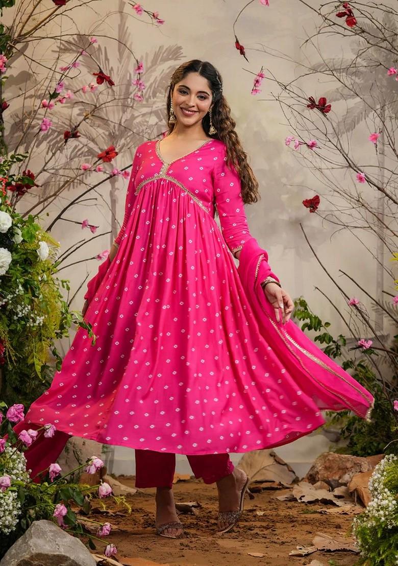 Fuchsia Embroidered Poly Blend Kurta Set
