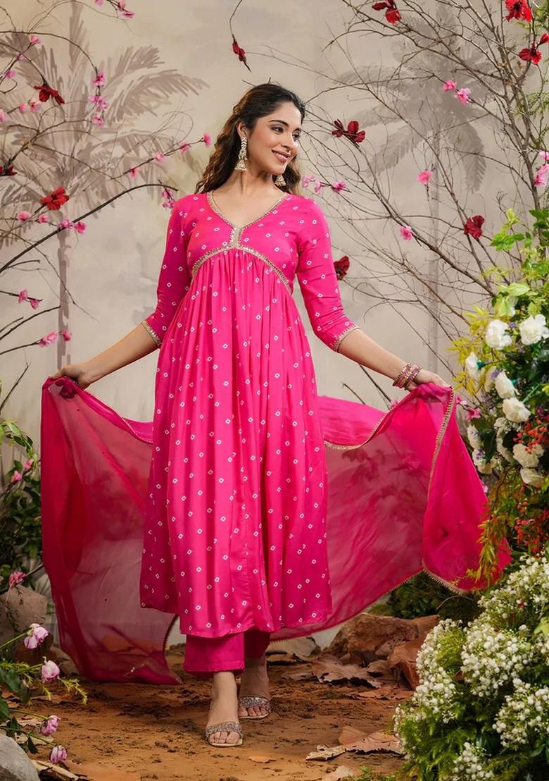 Fuchsia Embroidered Poly Blend Kurta Set