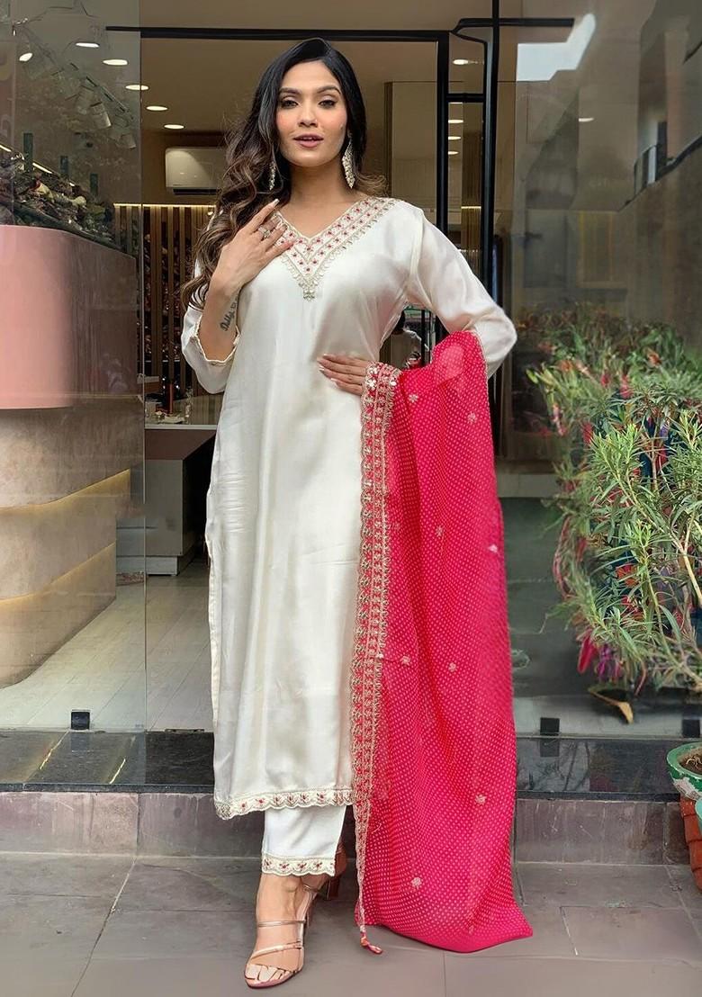 Red Embroidered Chanderi Kurta Set