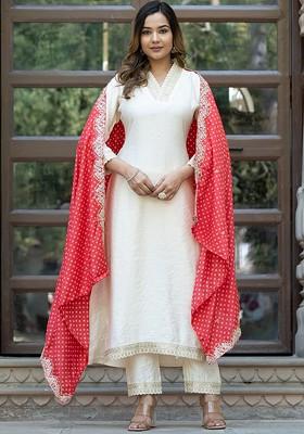 Cream Embroidered Poly Blend Kurta Set