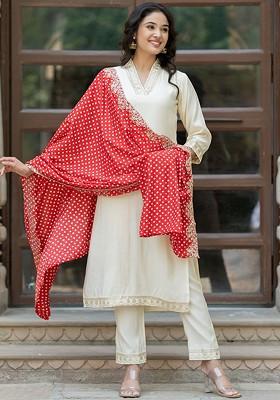 Cream Embroidered Poly Blend Kurta Set