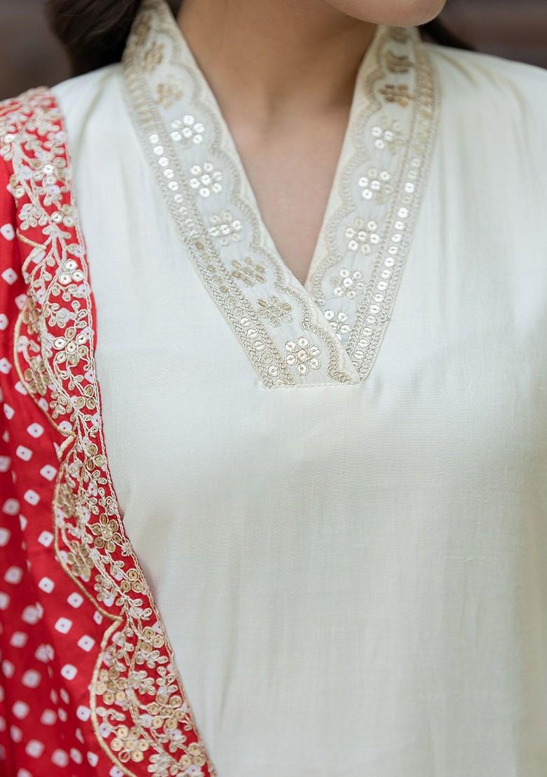 Cream Embroidered Poly Blend Kurta Set