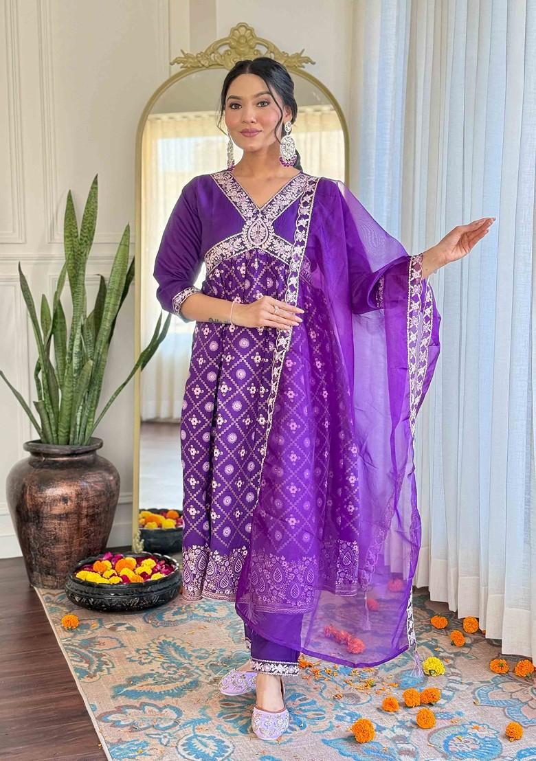 Purple Embroidered Chanderi Kurta Set