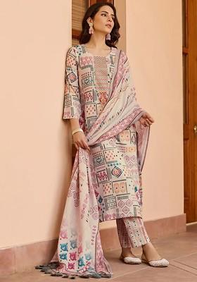 Off White Geometric Print Poly Blend Kurta Set