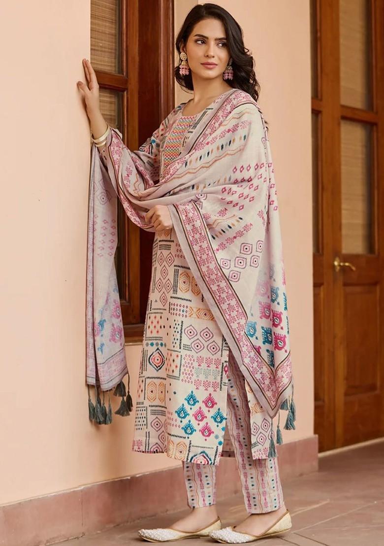 Off White Geometric Print Poly Blend Kurta Set
