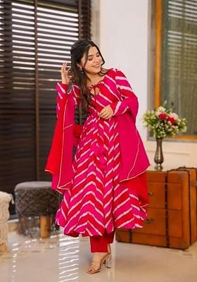 Pink Leheriya print Poly Blend Kurta Set