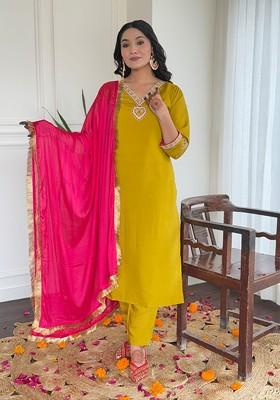 Yellow Embroidered Chanderi Kurta Set