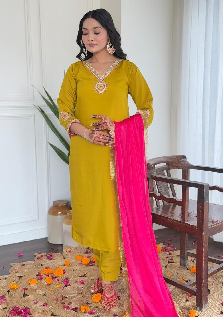 Yellow Embroidered Chanderi Kurta Set