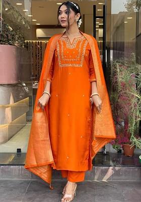 Orange Embroidered Chanderi Kurta Set