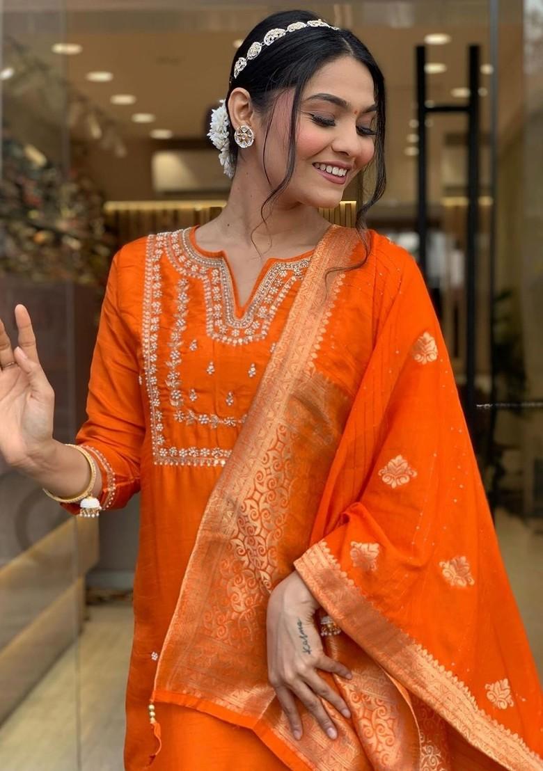 Orange Embroidered Chanderi Kurta Set