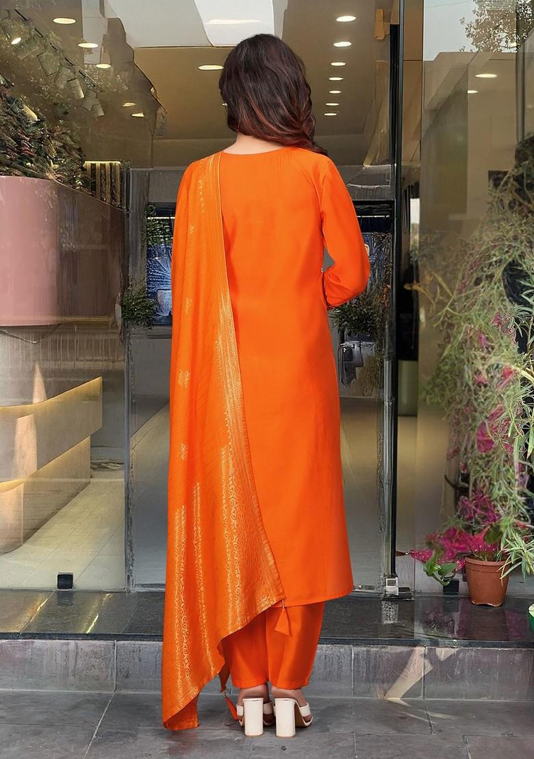 Orange Embroidered Chanderi Kurta Set