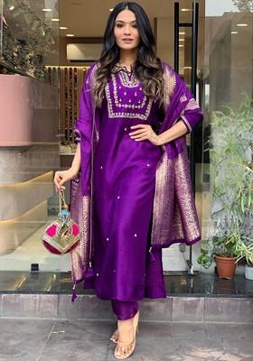 Purple Embroidered Chanderi Kurta Set