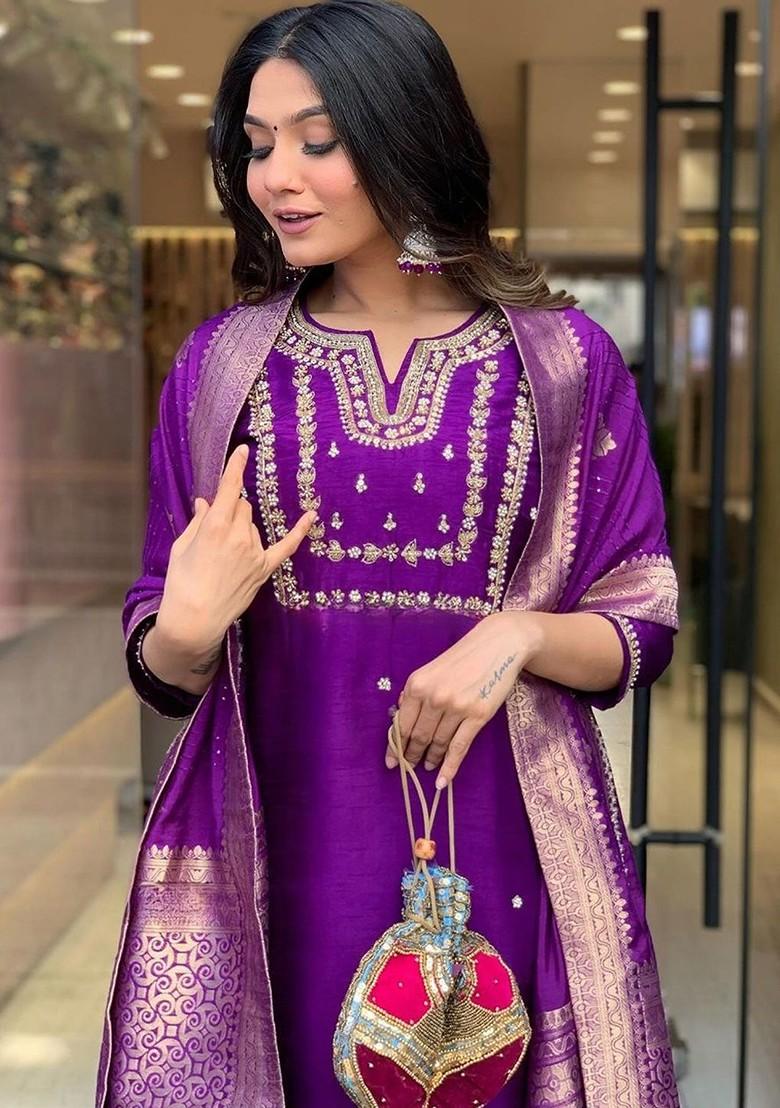 Purple Embroidered Chanderi Kurta Set
