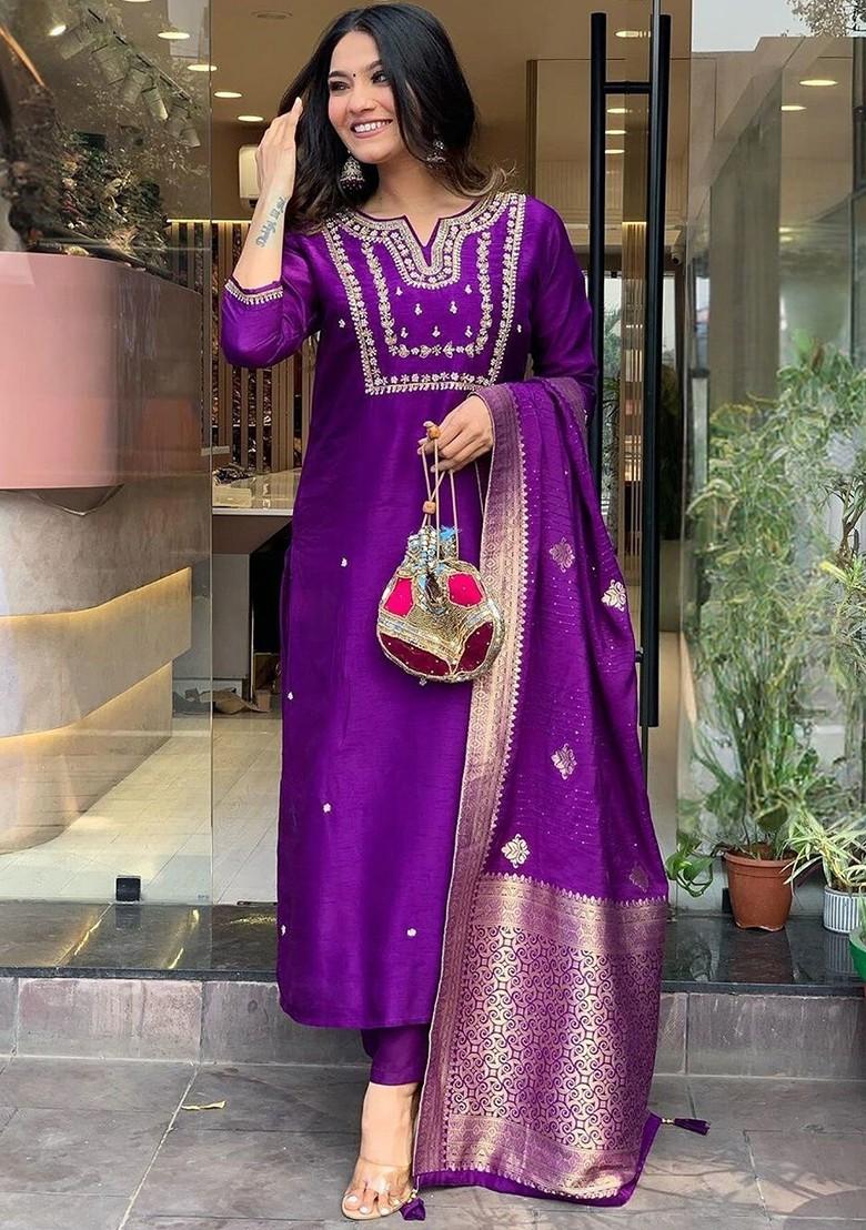 Purple Embroidered Chanderi Kurta Set