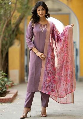 Purple Embroidered Chanderi Kurta Set