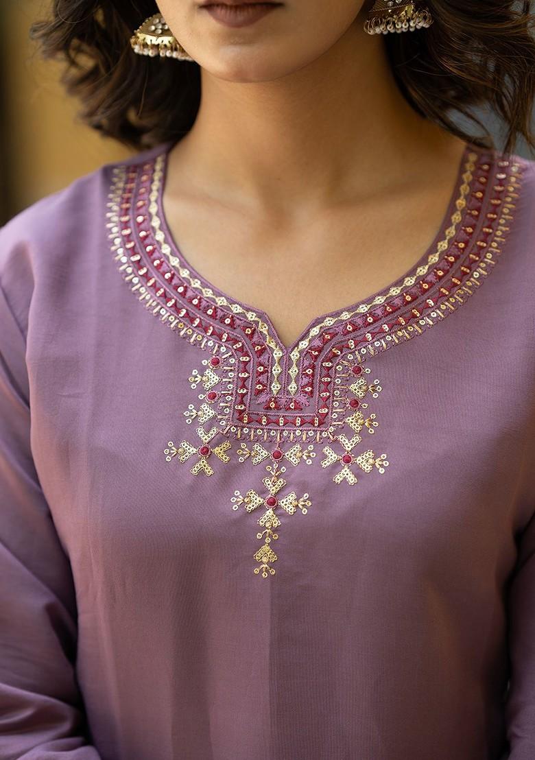Purple Embroidered Chanderi Kurta Set