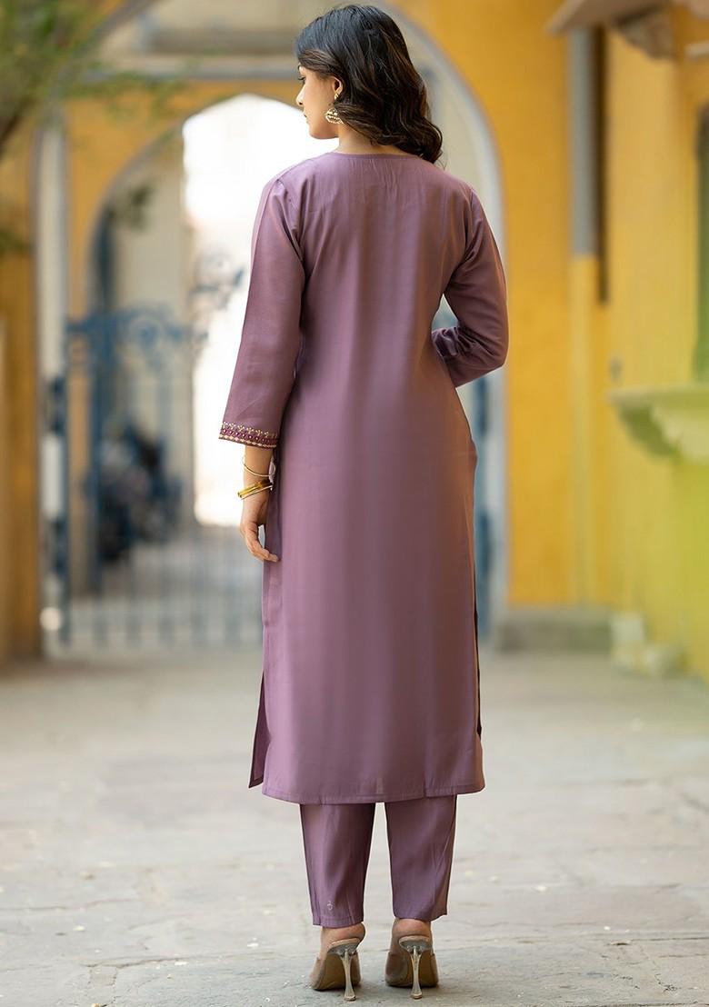 Purple Embroidered Chanderi Kurta Set