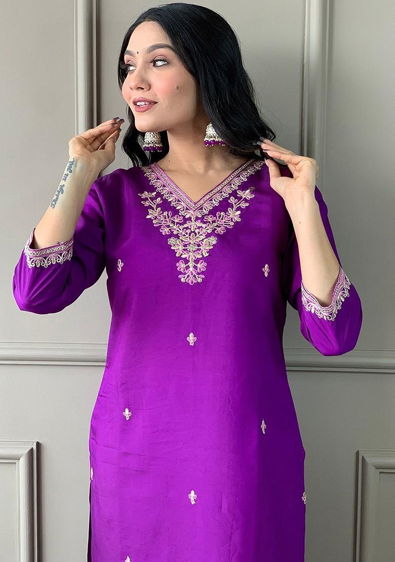 Purple Embroidered Chanderi Kurta Set