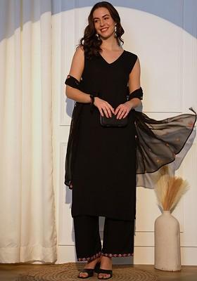 Black Solid Poly Blend Kurta Set