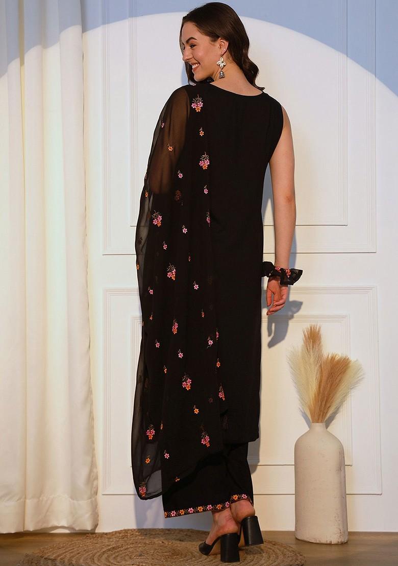 Black Solid Poly Blend Kurta Set