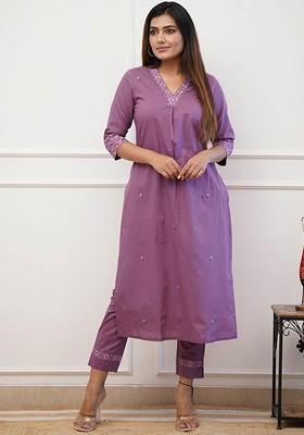 Lavender Embroidered Poly Blend Kurta Set