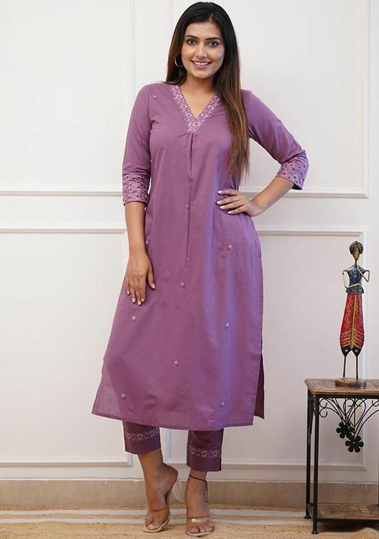 Lavender Embroidered Poly Blend Kurta Set
