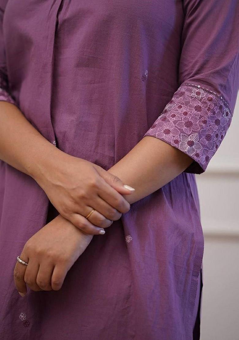 Lavender Embroidered Poly Blend Kurta Set