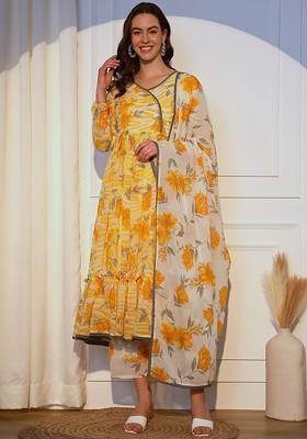 Yellow Floral Print Poly Blend Kurta Set