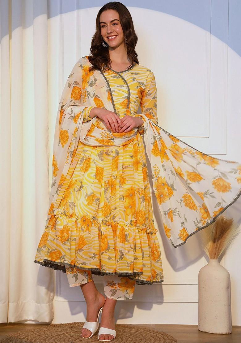 Yellow Floral Print Poly Blend Kurta Set