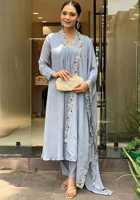 Grey Embroidered Poly Blend Kurta Set