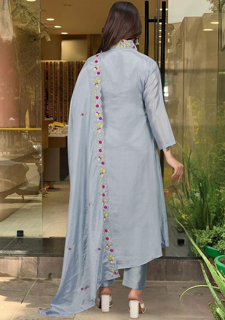 Grey Embroidered Poly Blend Kurta Set