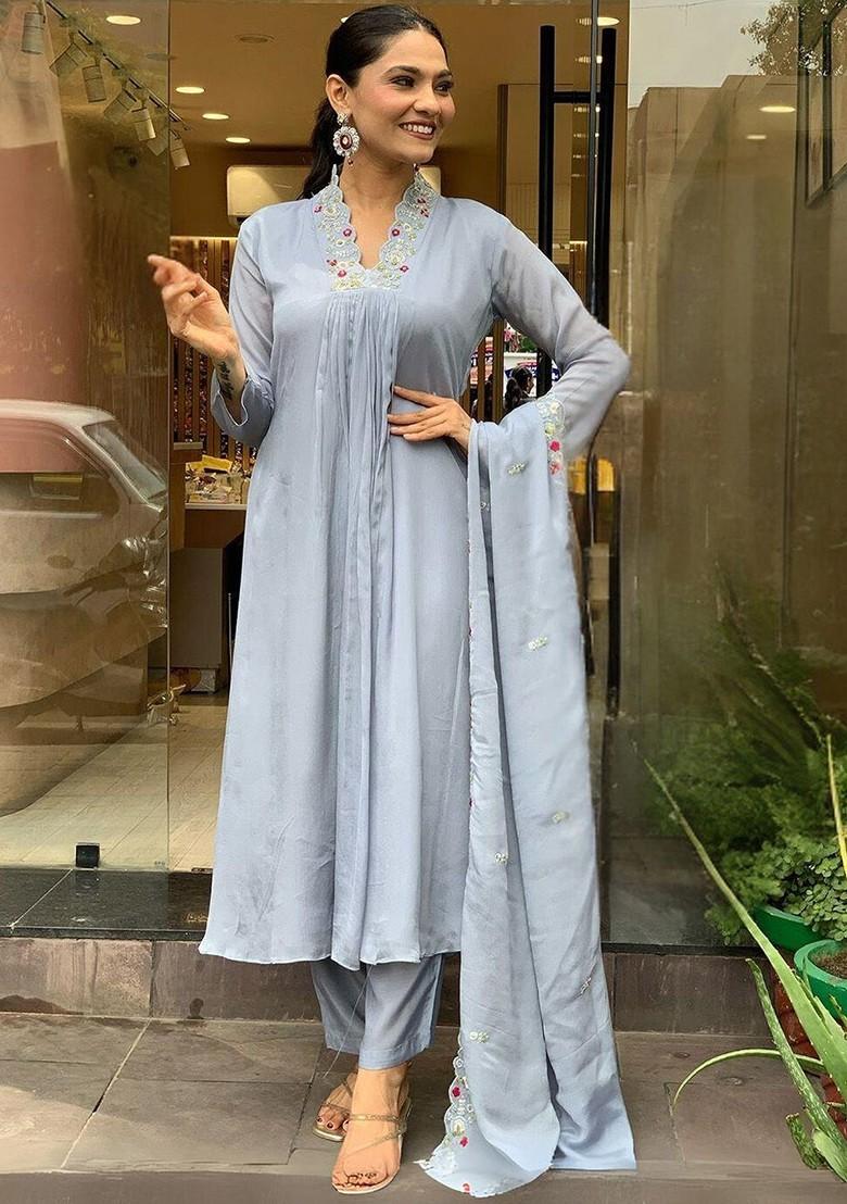 Grey Embroidered Poly Blend Kurta Set