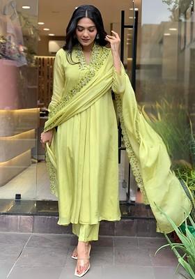 Lime Green Embroidered Poly Blend Kurta Set