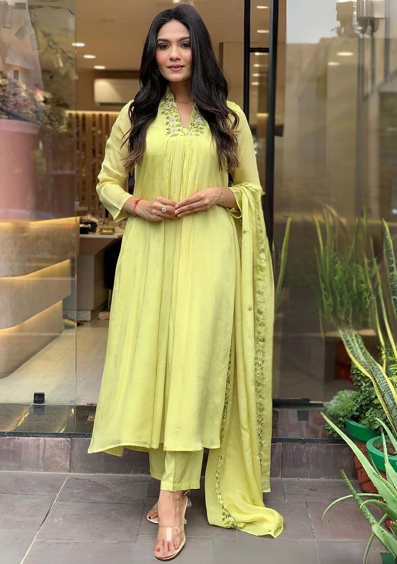 Lime Green Embroidered Poly Blend Kurta Set