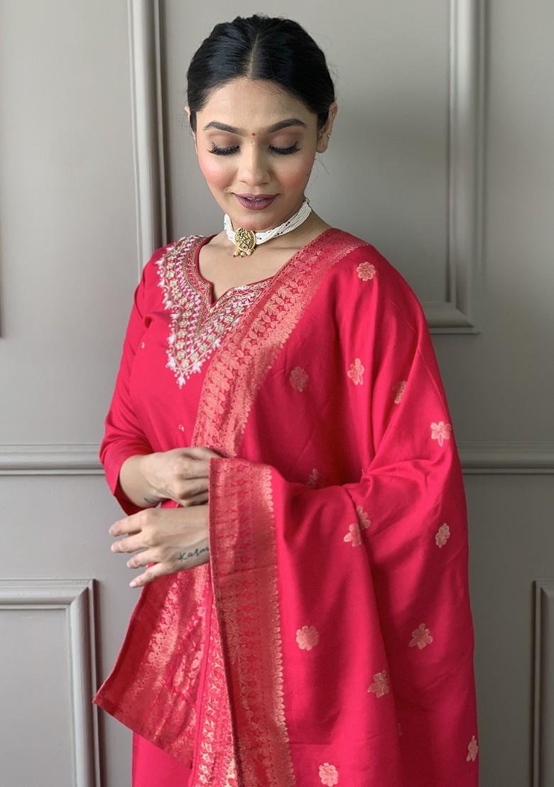 Red Embroidered Chanderi Kurta Set
