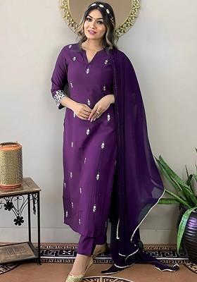 Purple Embroidered Poly Blend Kurta Set