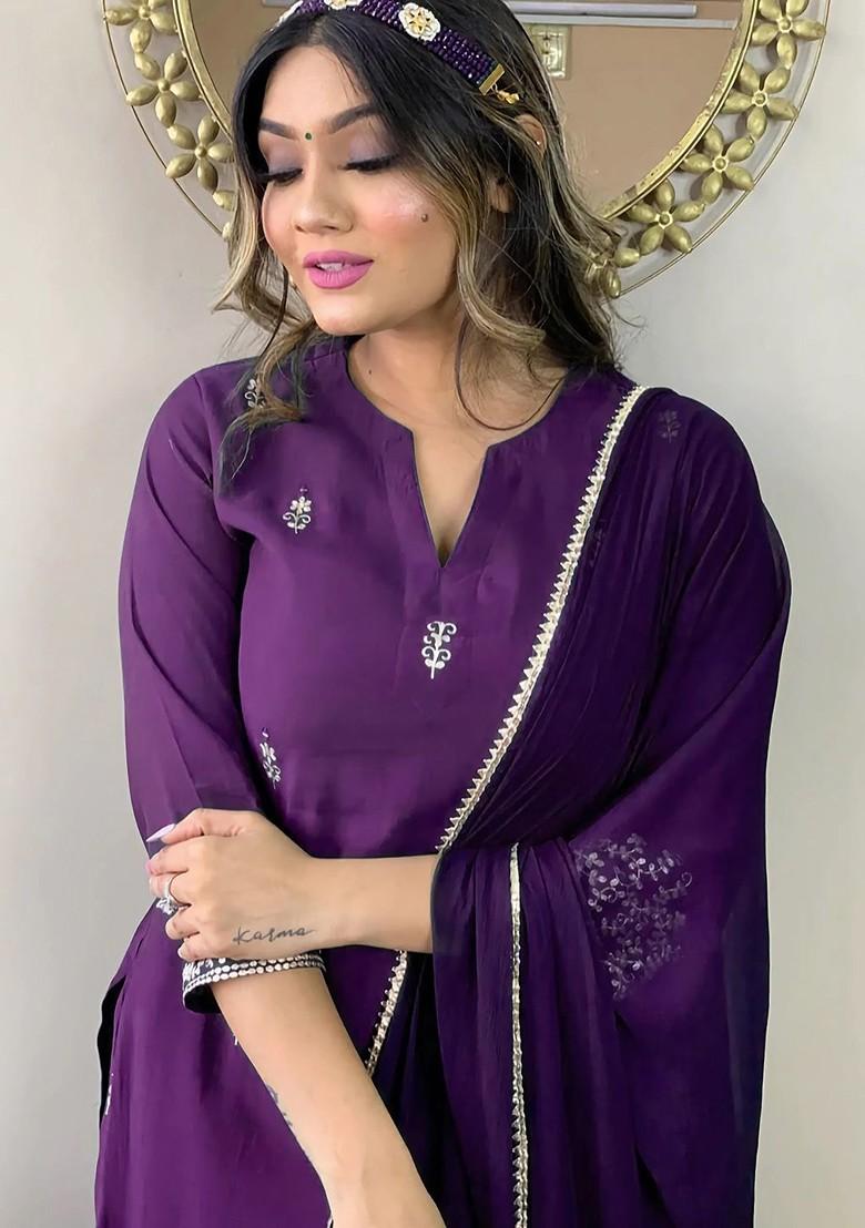 Purple Embroidered Poly Blend Kurta Set
